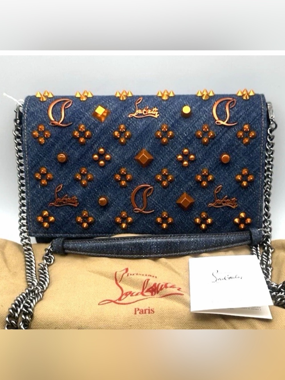 Christian Louboutin Denim Crossbody Bag with Gold Stud Embellishments
